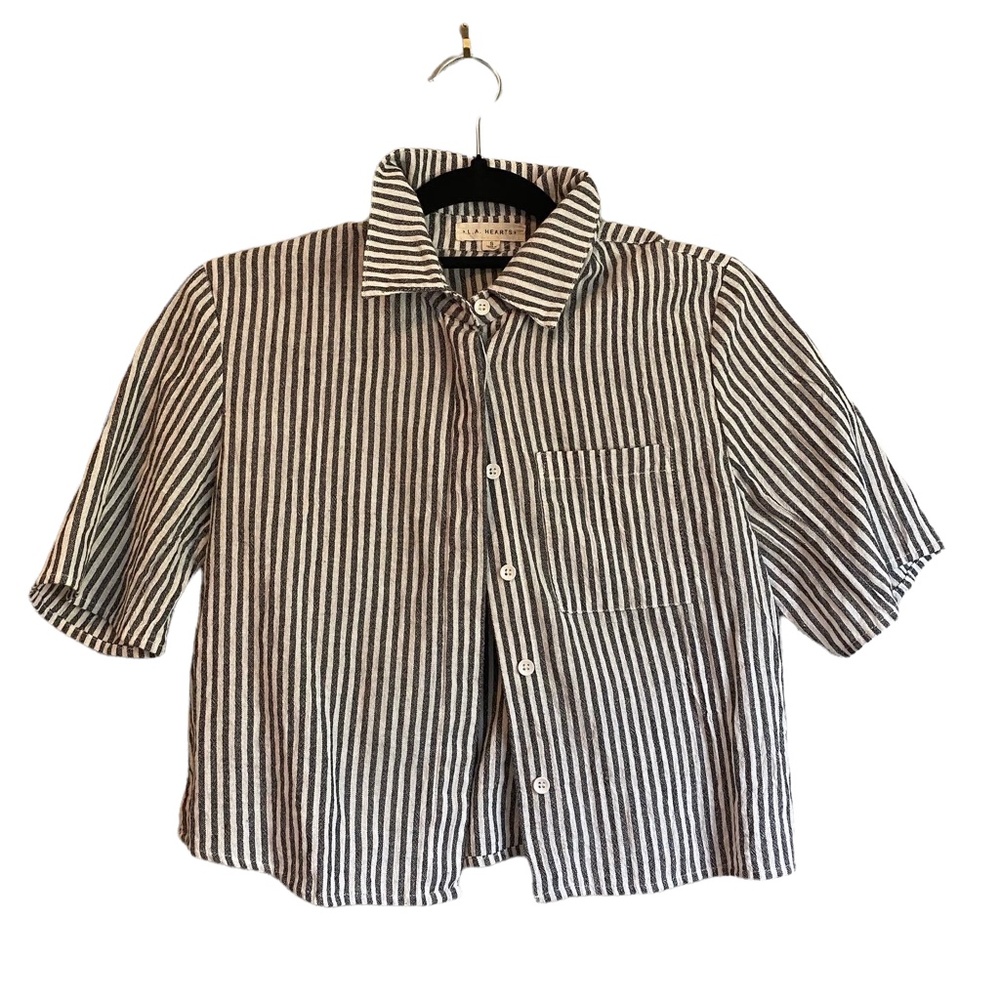 Navy/White pin-striped short sleeved button-up top w/ collar for women (size: S)